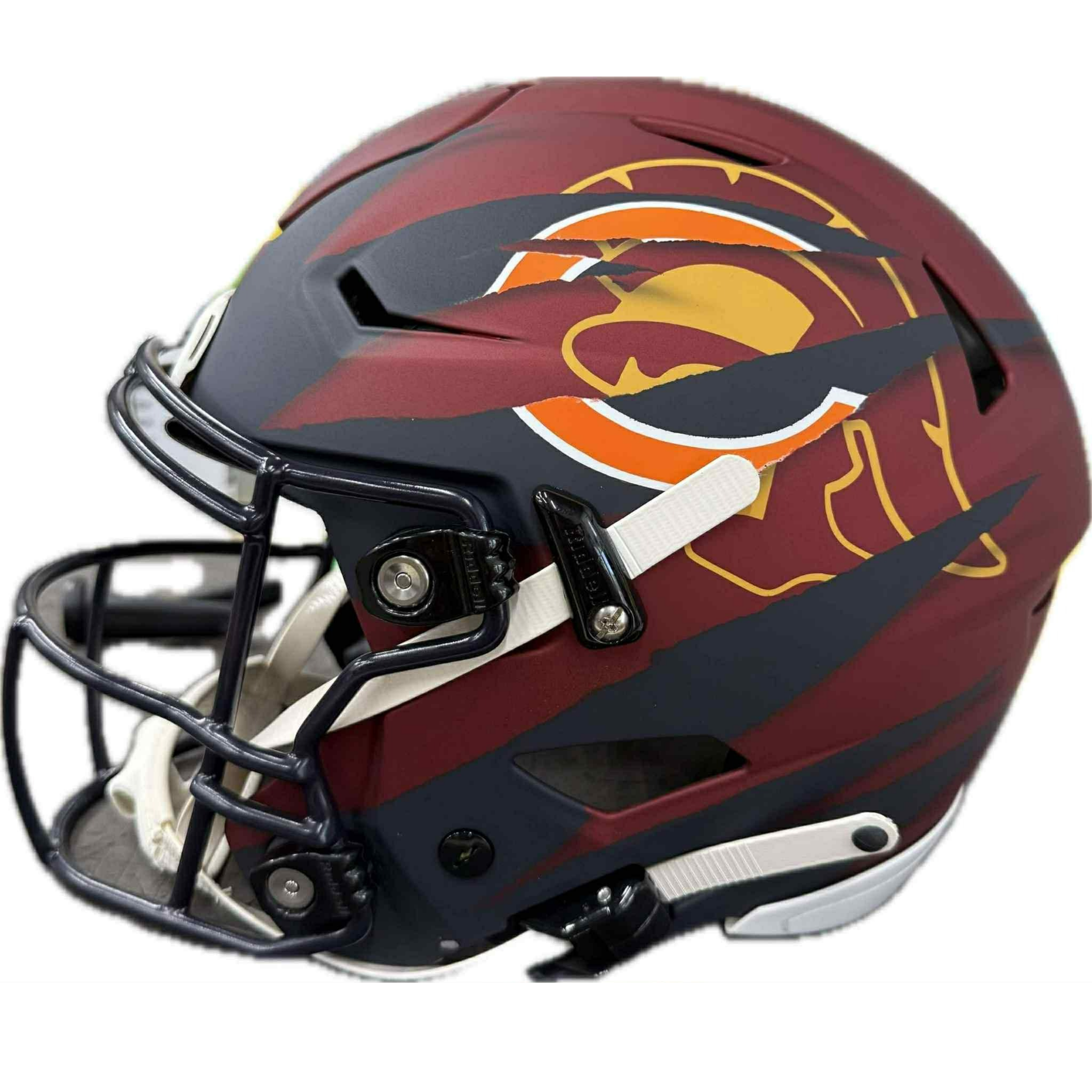 Maroon and black football helmet with USC-style Trojan design and multiple player signatures.