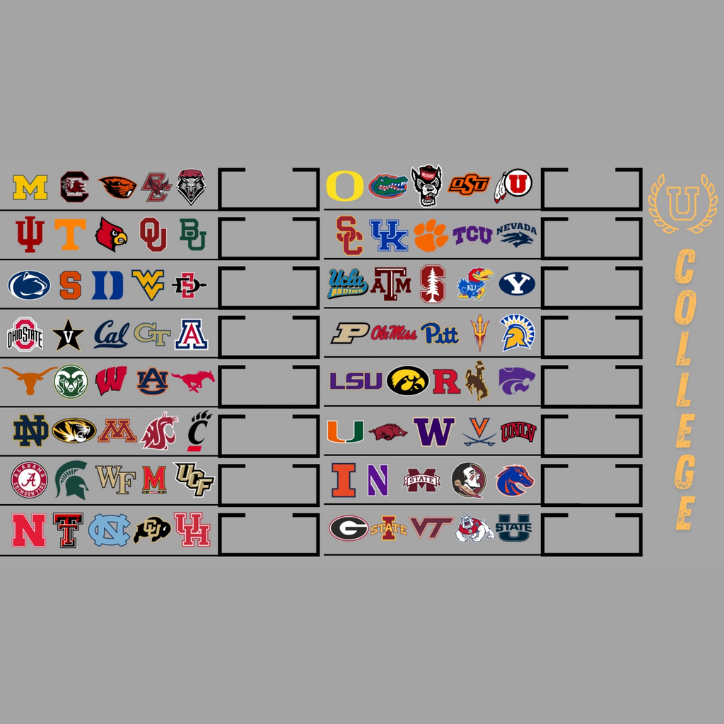 Collection of college logos arranged in a grid on a gray background with 'College' heading.