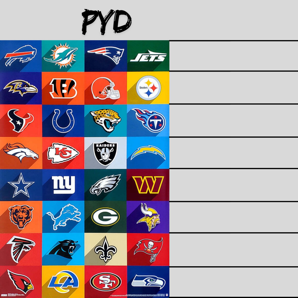 Grid of NFL team logos with 'PYD' at the top