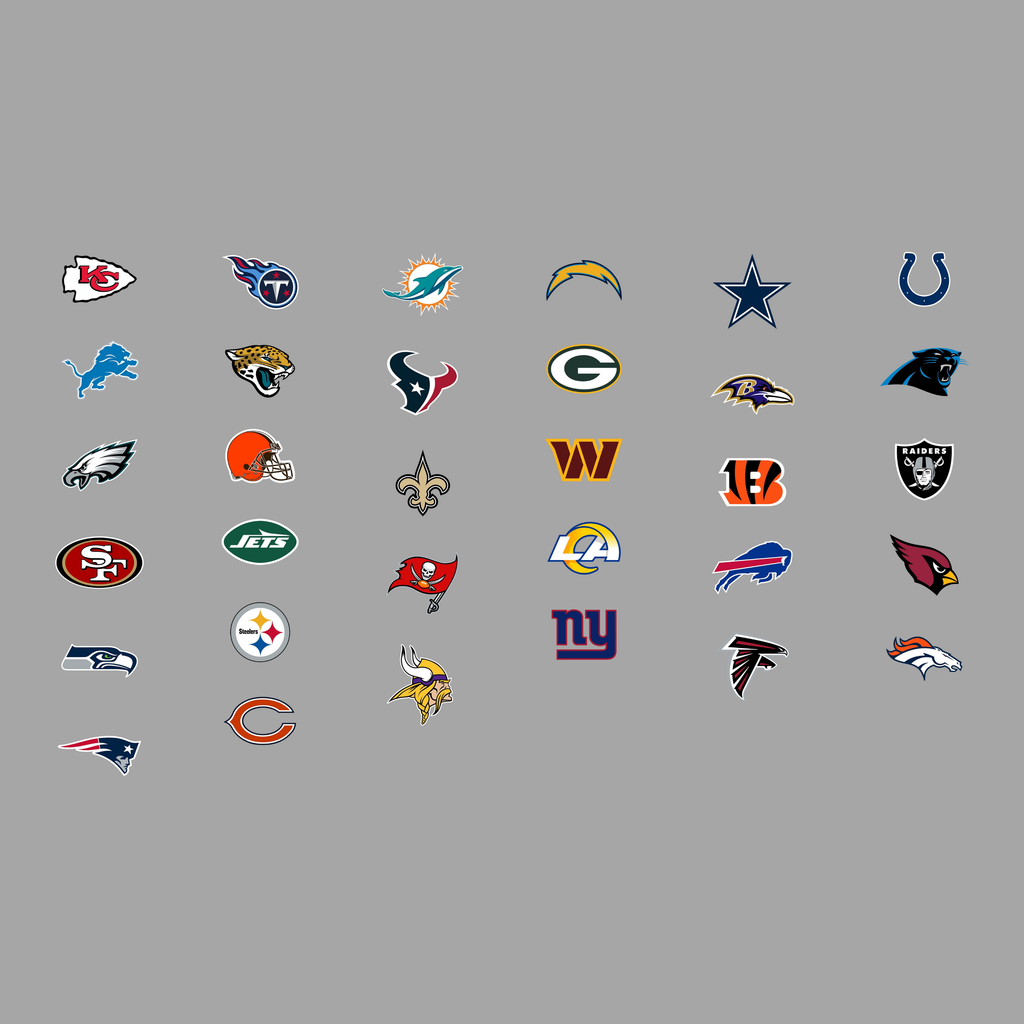 Collection of various sports team logos on a gray background