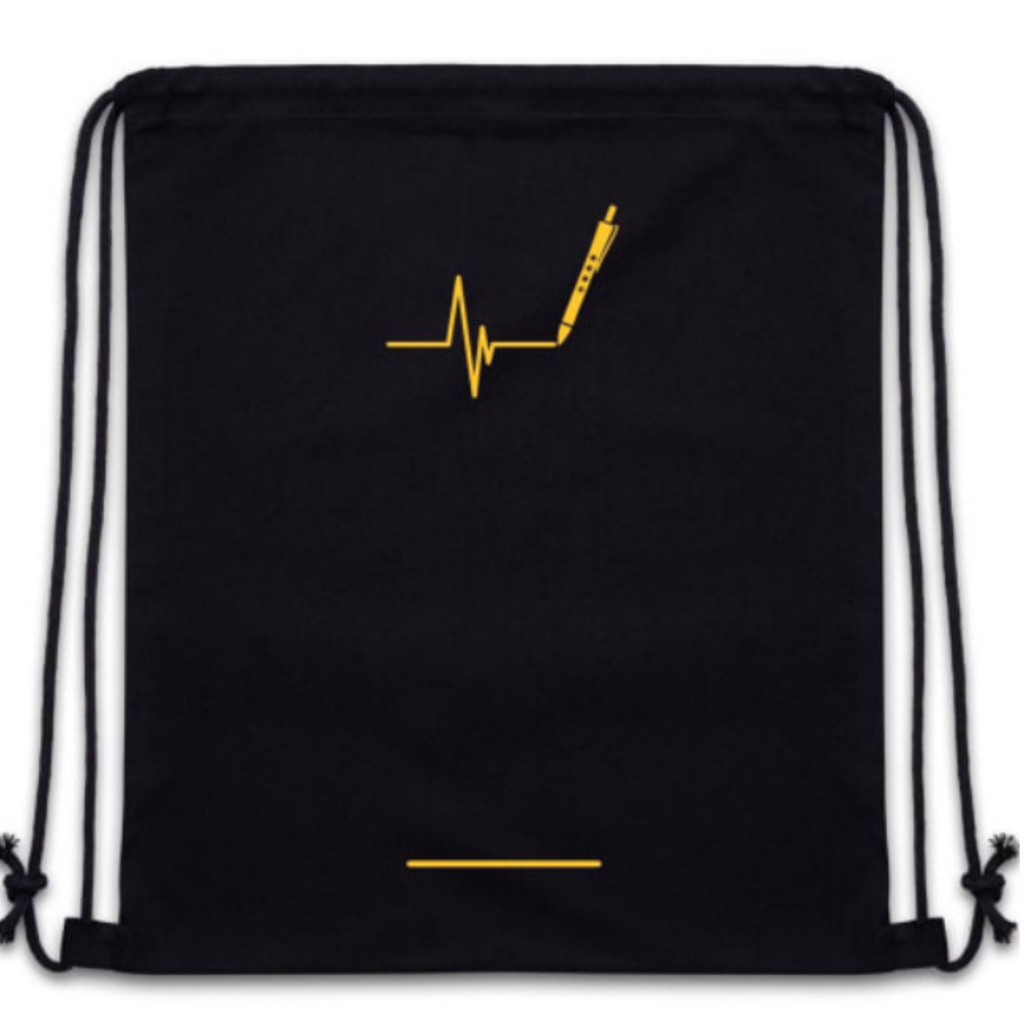 Black drawstring backpack with a yellow heartbeat line design forming into a pen graphic in the center.