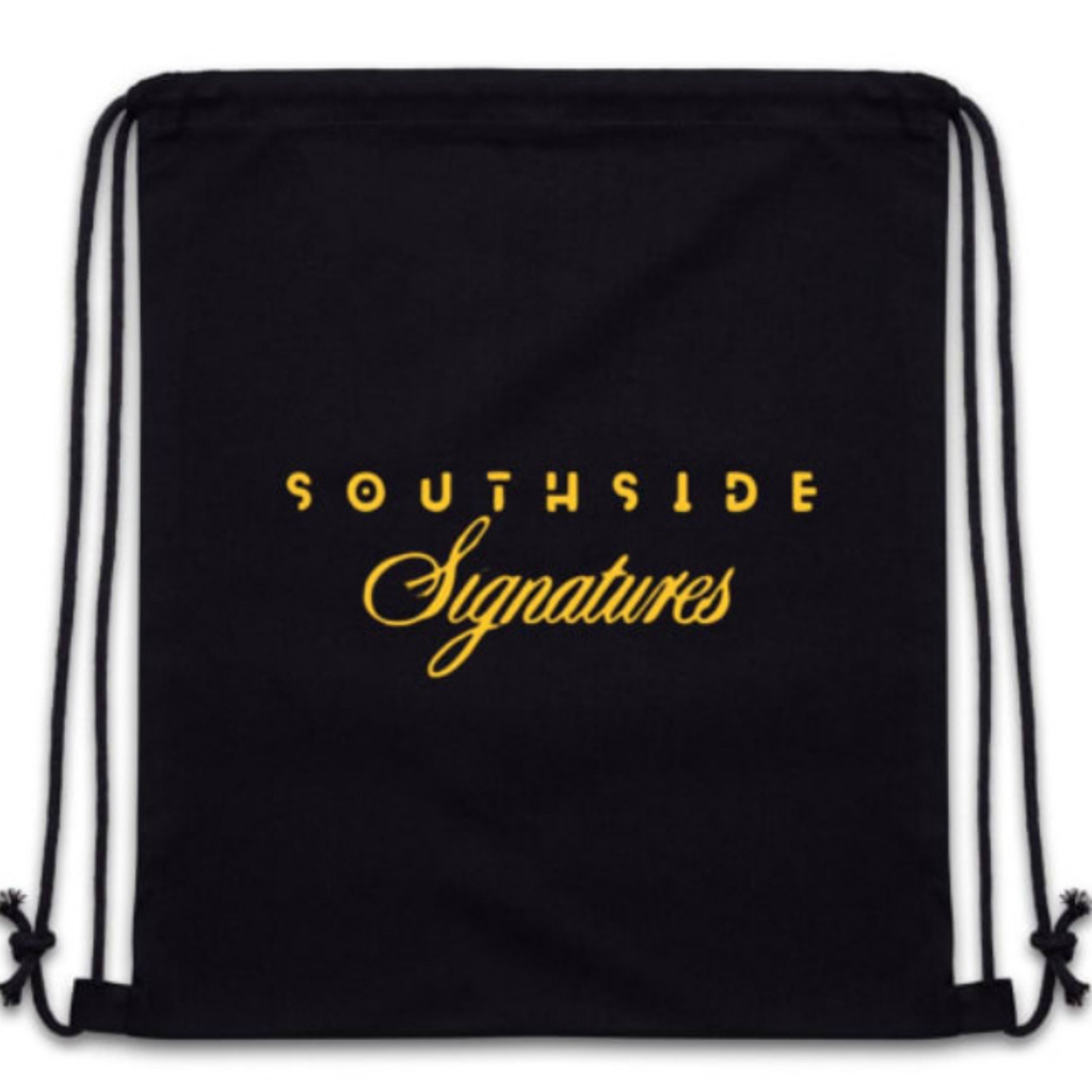 Black drawstring backpack featuring the yellow text “Southside Signatures” in bold and cursive fonts.