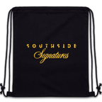 Black drawstring backpack featuring the yellow text “Southside Signatures” in bold and cursive fonts.